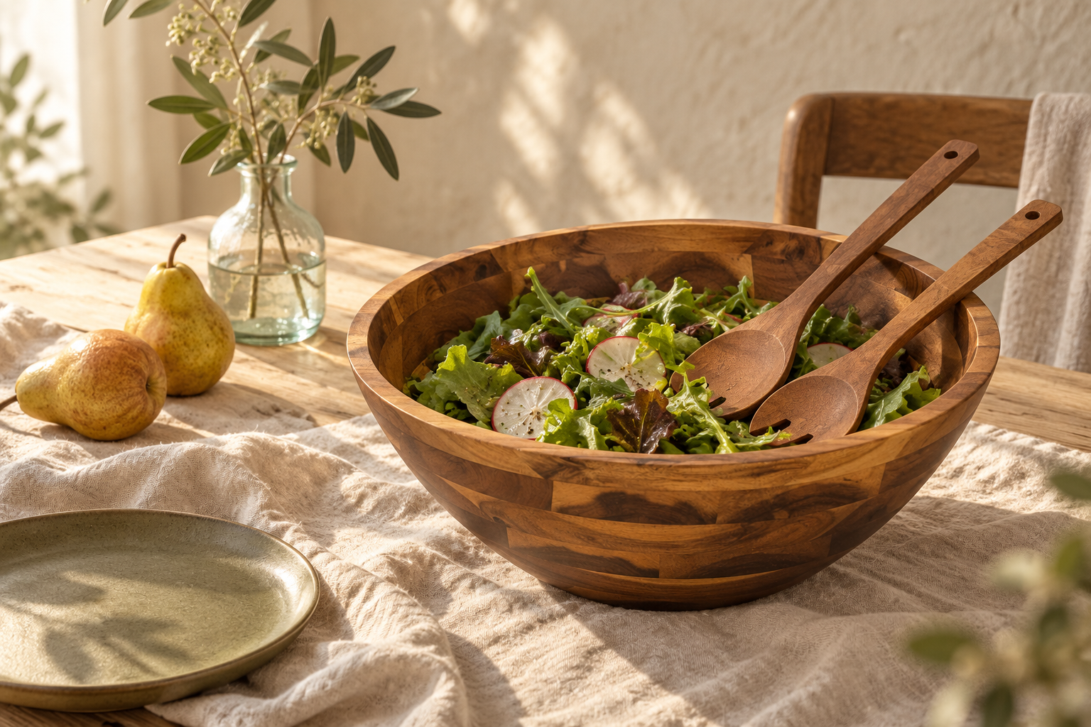 Editorial concept: an acacia bowl of salad on a sunlit linen-covered table